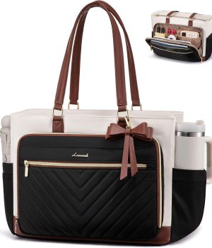LOVEVOOK Teacher Tote Bag for Women, Work Laptop Bag Gift with Large Cup Holder, Quilted Nurse Bag Diaper Tote with Multi-Pockets, Large Computer Handbag Purse for Bussiness Travel, Office, College